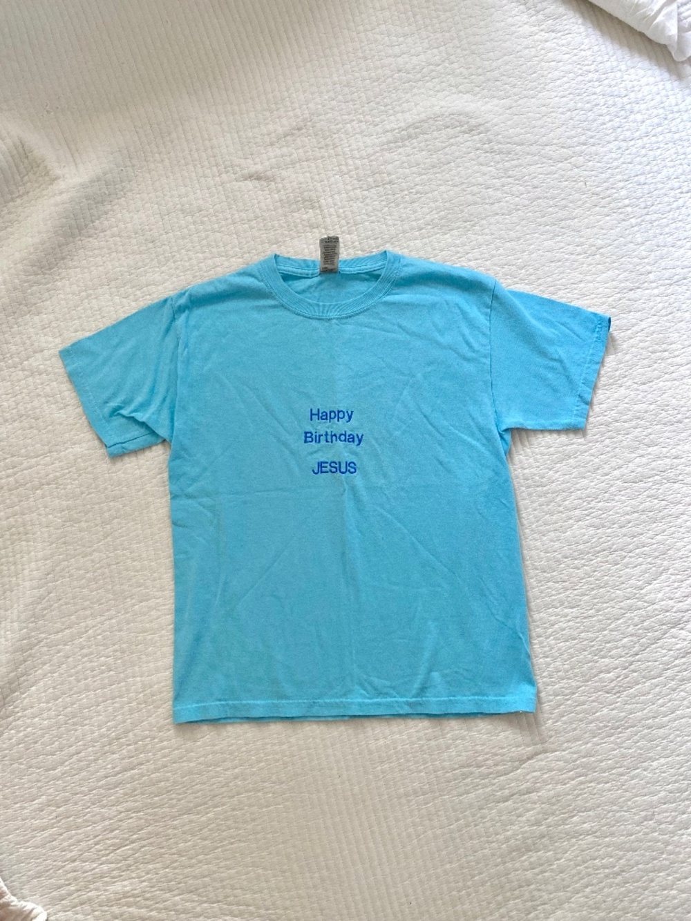 light blue embroidered Happy Birthday Jesus Christian shirt